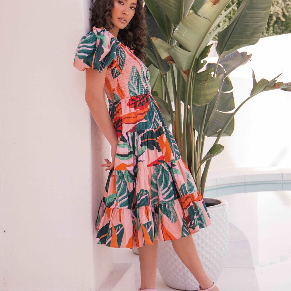 JessaKae Catalina Pink Palm Leaf Puff Sleeve Midi Dress L